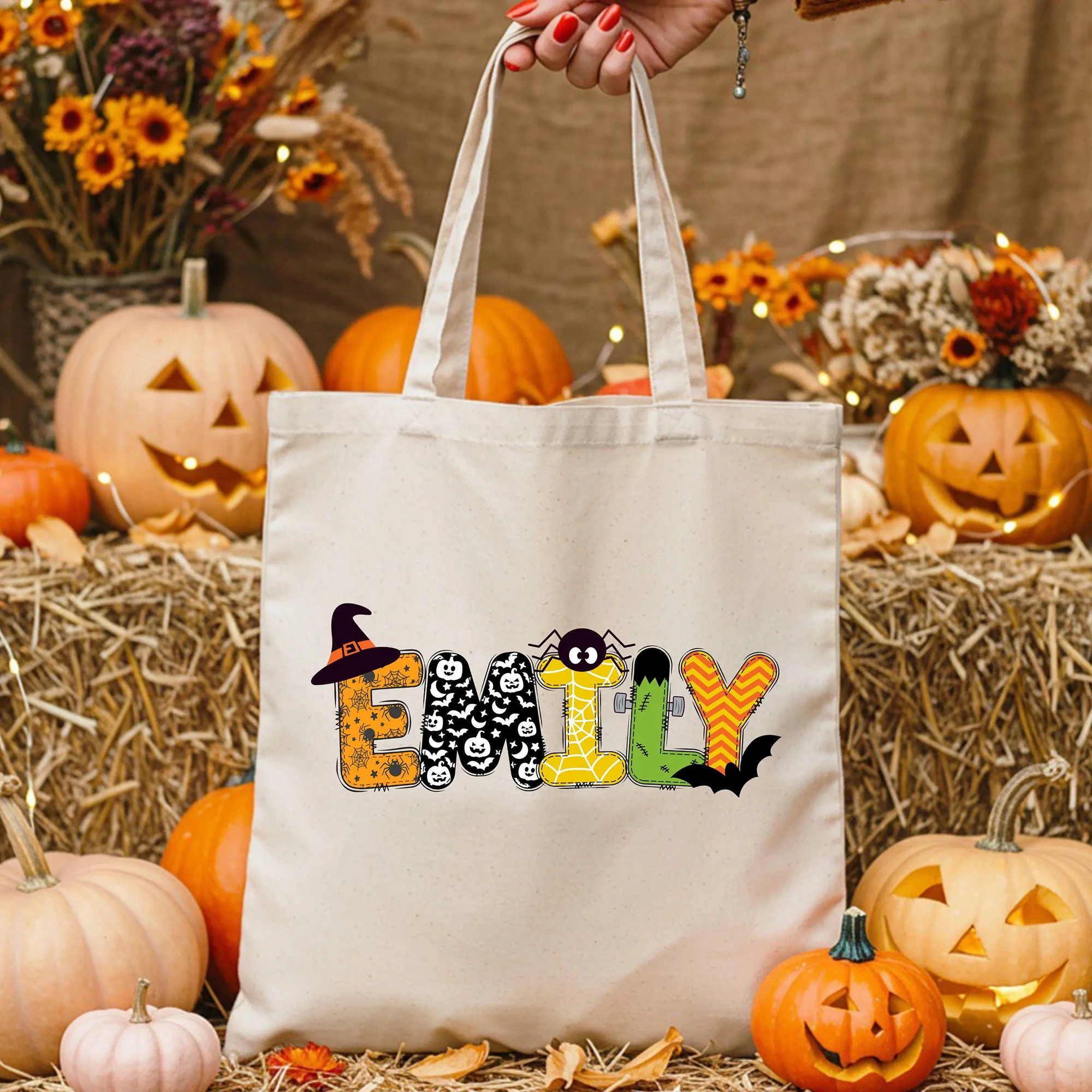 

Персонализированная сумка для лакомств на Хэллоуин, персонализируемая сумка для детей с именем, тыквой, летучей мышью, сумка для сбора конфет