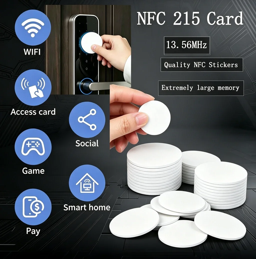 13.56MHz Ntag215 Coins Cards With Adhesive Backing 504 Bytes ISO/IEC 14443 A 25mm Waterproof PVC Ntag 215 NFC Tag