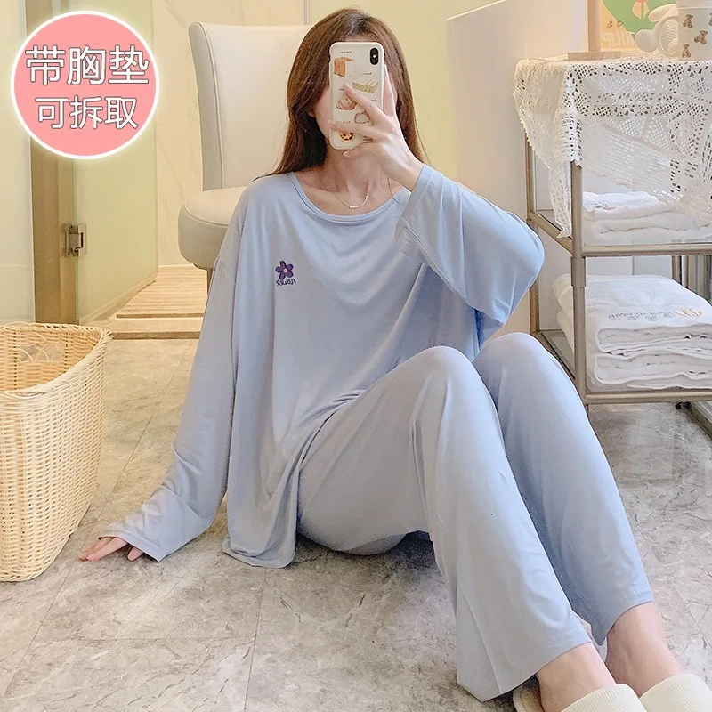 

100kg Plus Size Women Spring Modal Homewear with Chest Pad Pajamas Sets Long Sleeves Tshirt and Trousers Solid Loose Sleepwear