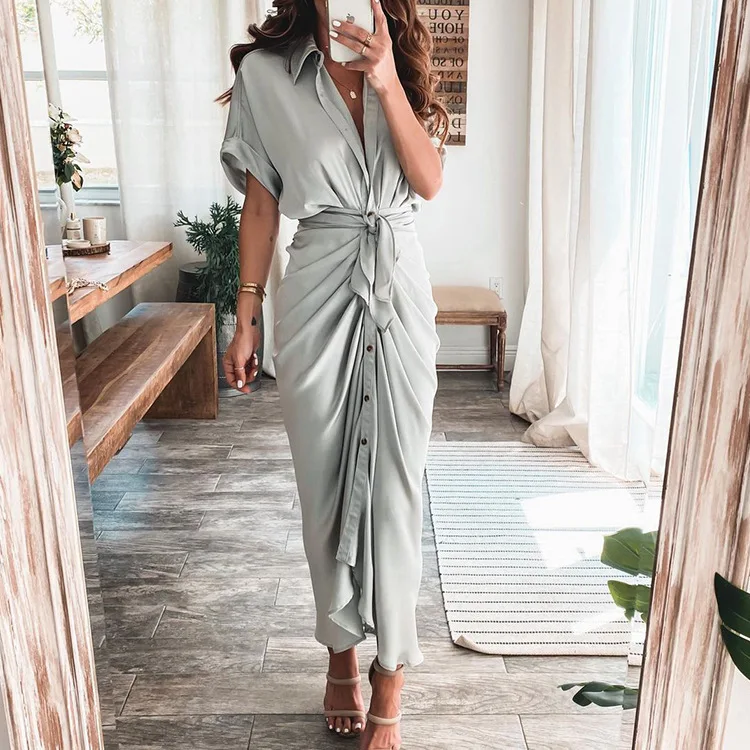 

Women Dresses Single Breasted Turn Down Collar Button Solid Shirring Blouses Dress Sashes Spliced Vestidos Loose Basics 2024