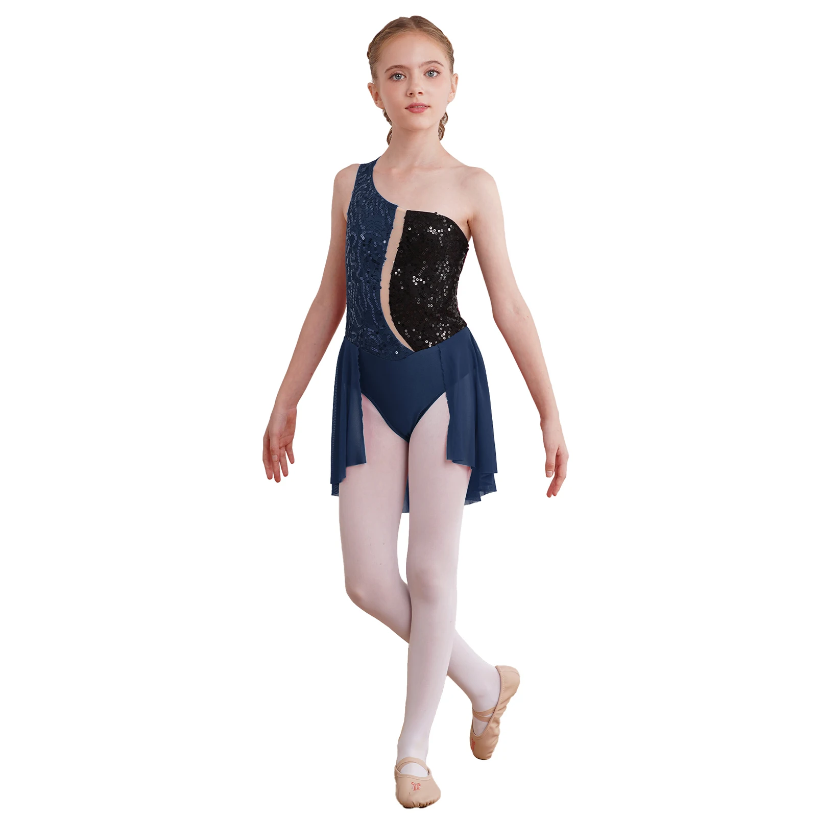 Glittery Sequins Gymnatics Figure Skating Costume One Shoulder Ballet Lyrical Dance Dress for Girls Lace Bodice Ballerina Tutu