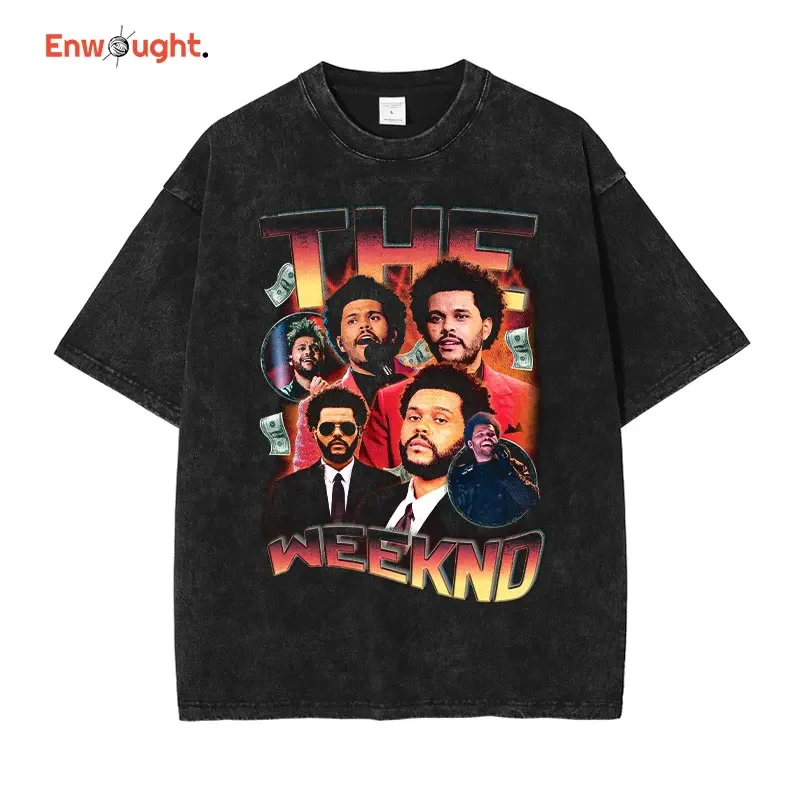 

The Weeknd T Shirt Hip Hop Top Tee Makkonen Tesfaye Vintage Washed Short Sleeve Oversized T-shirt Harajuku Streetwear Men Cotton