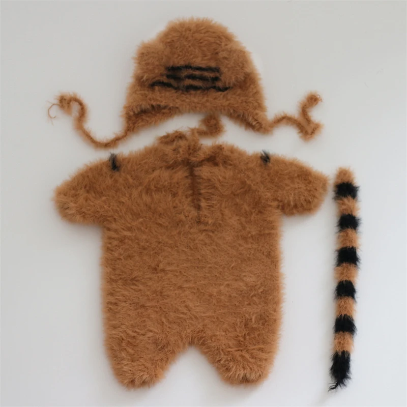 Furry Tiger Rompers Cute Animal Footed Jumpsuit Hat Tail 3pcs Sets Mink Hair Infant Boy Girl Photo Clothing Costumes Photo Props