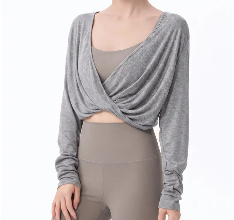 Damen Yoga-Oberteil mit V-Ausschnitt und langen Ärmeln, lockeres, kurzes Sport-Überziehshirt, Pilates-Trainings-Top, T-Shirt, Cross-Fitness-Trainings-Oberbekleidung – Detail 8