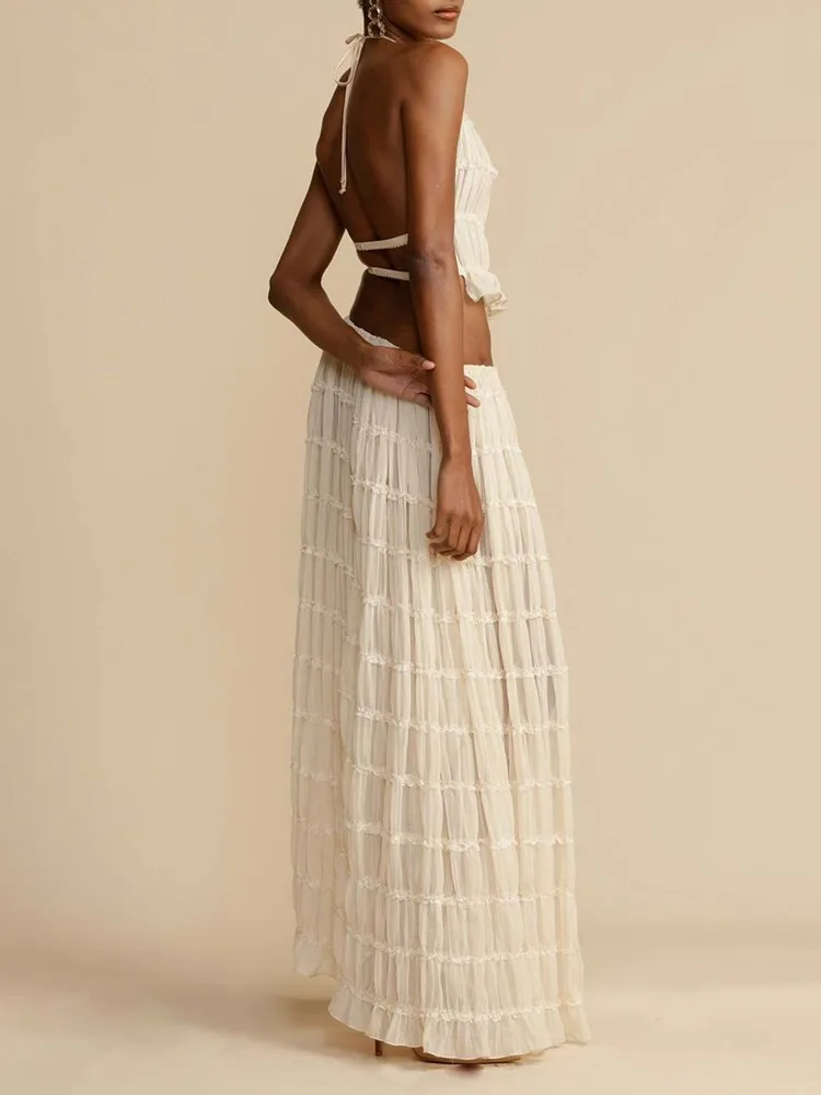 ECR Sexy Two Piece Sets For Women Round Neck Sleeveless Backless Tops High Waist Minimalist Skirt Casual Set Female Clothing New