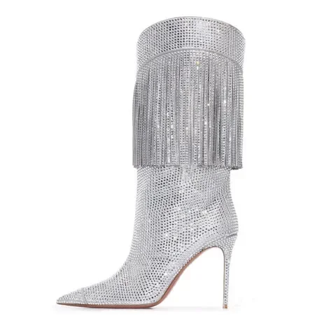 2023 New Silver Tassel Boots With Thin Heels And High Heels, Medium Sleeve Large Size Show Water Diamond Women's Boots