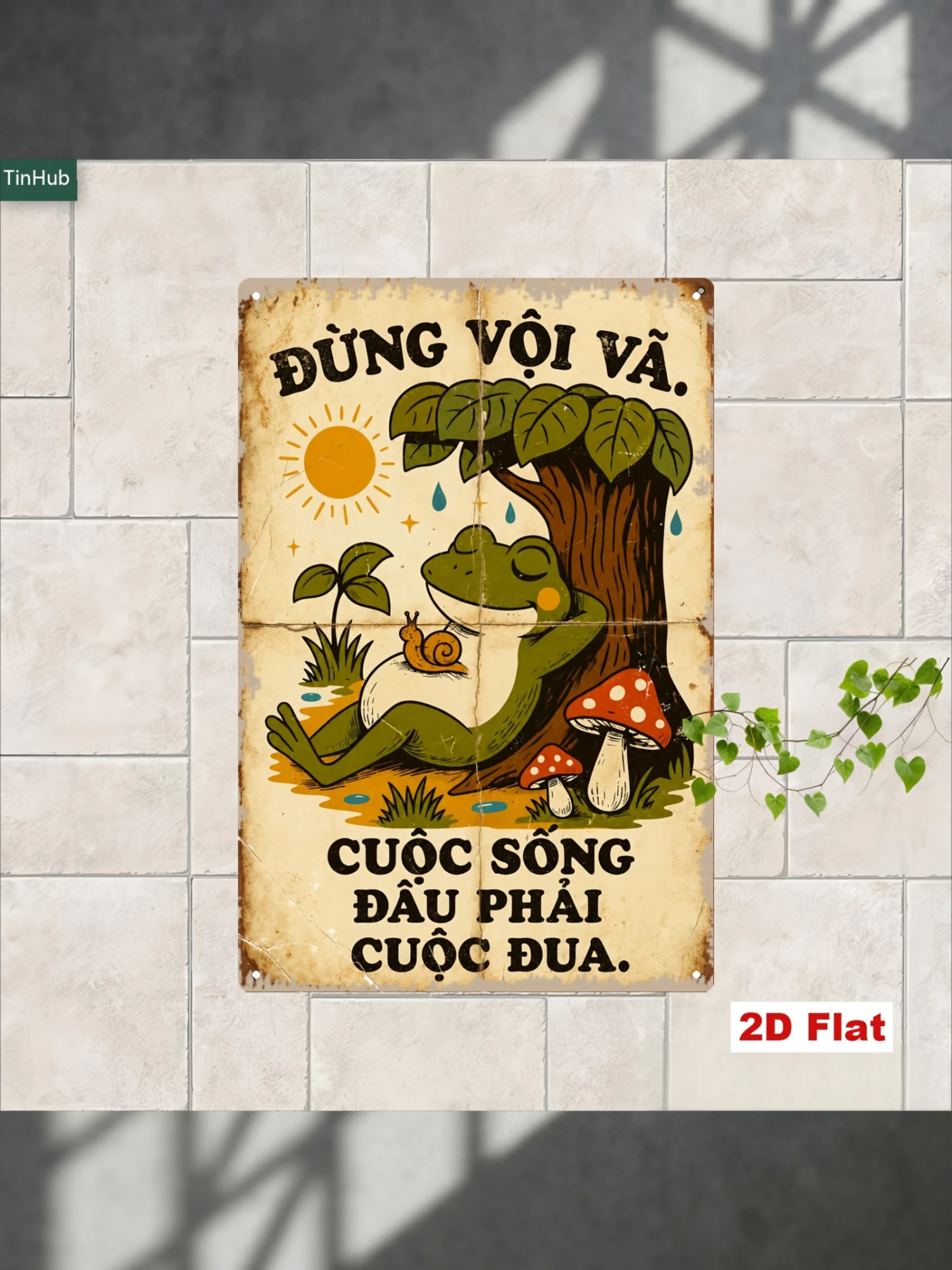 2D Flat, 2D Flat 1pc Vintage Vietnamese Slogan Metal Sign, 7.87x11.81inch Iron Wall Decor with Frog and Snail Leisurely Life Illustration, Inspirational Life Motto, Suitable for Home, Office, Cafe Decoration, Fun Tin Painting, Rustic Style Wall