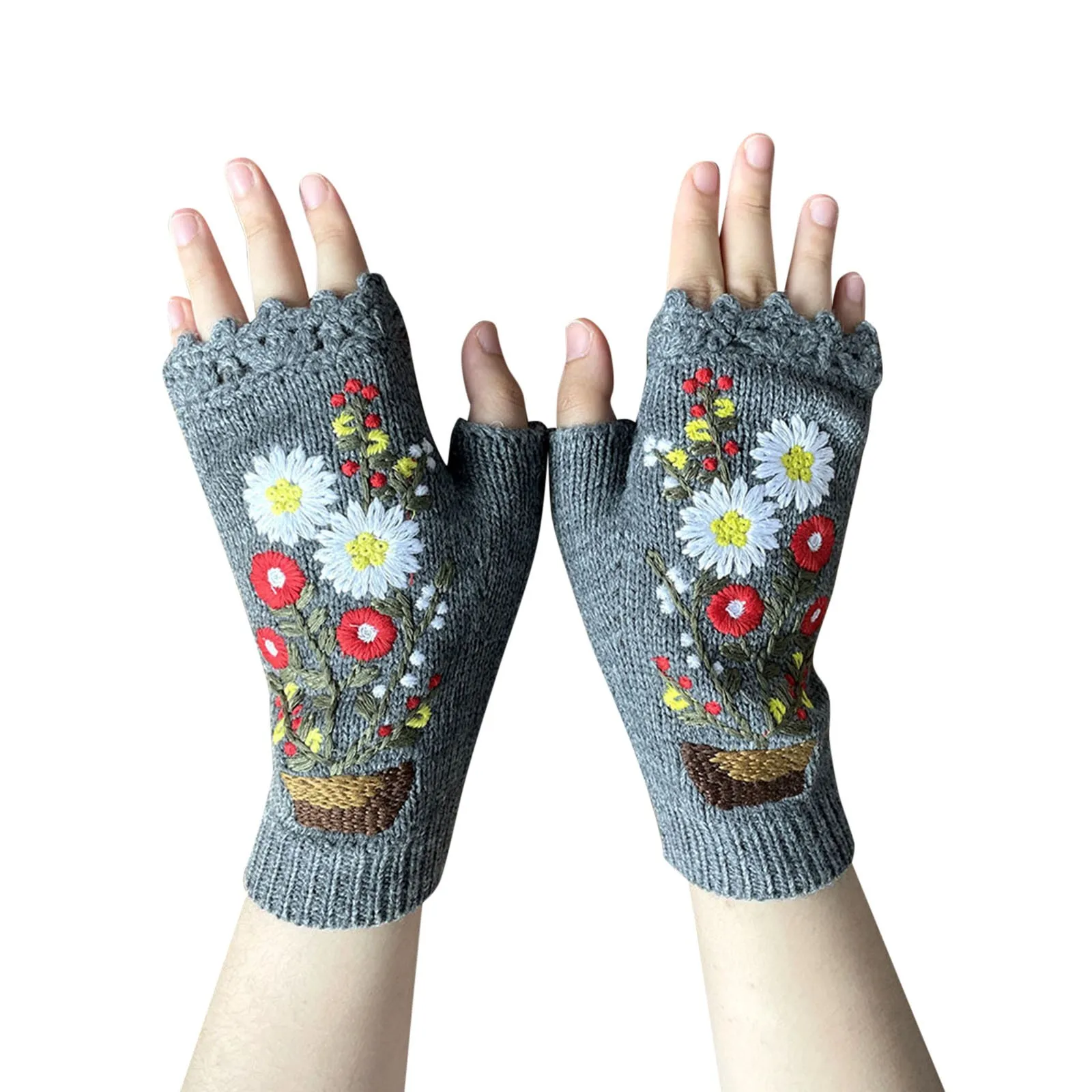 Guantes de punto sin dedos para mujer, bordado Floral, Thumbhole, otoño e invierno, Retro, Estética de ganchillo, mitones