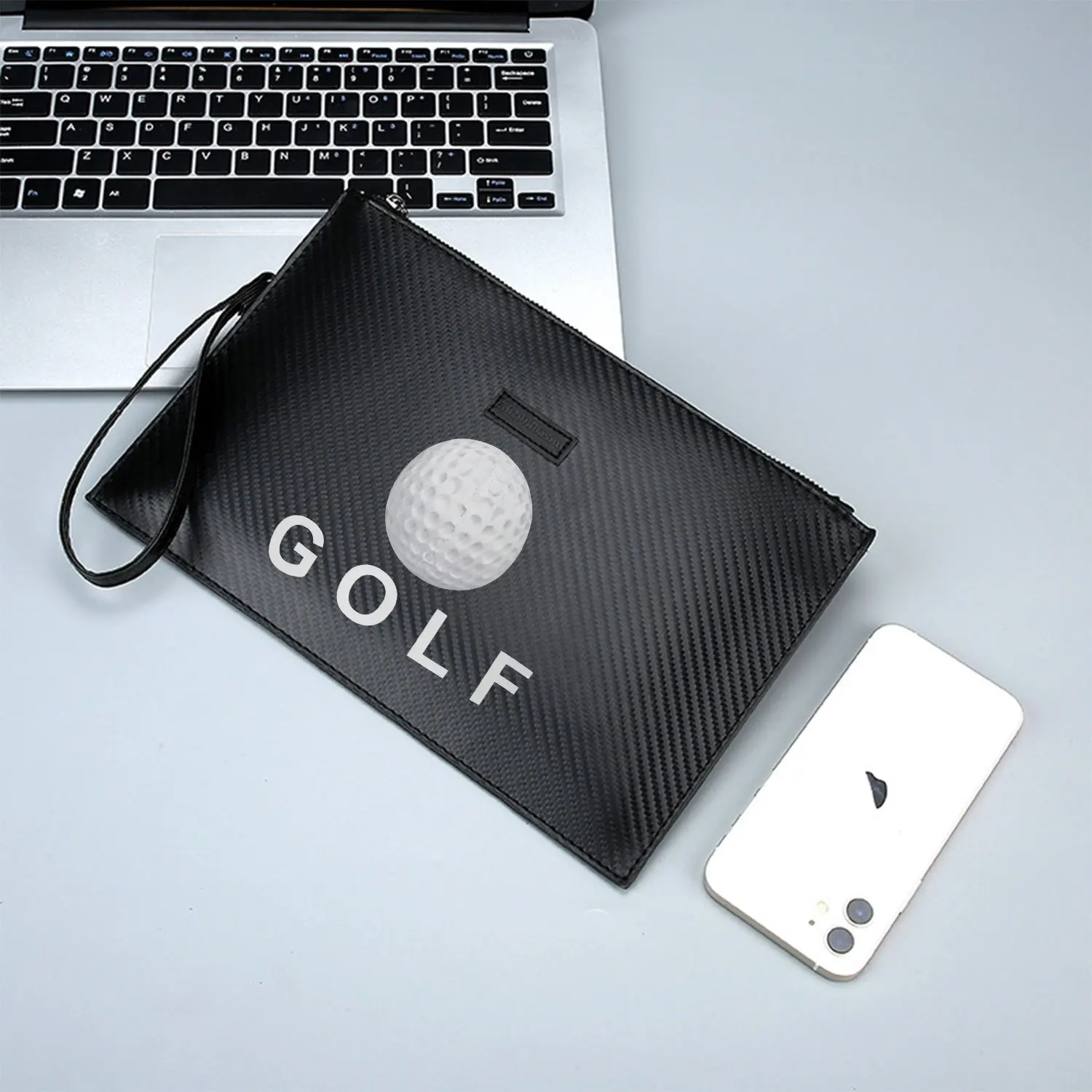 رمز كرة الجولف بخلفية سوداء وأحرف بسيطة أنيقة مطبوعة من البولي يوريثان حقيبة يد رجالية عصرية وعملية للحمل اليومي