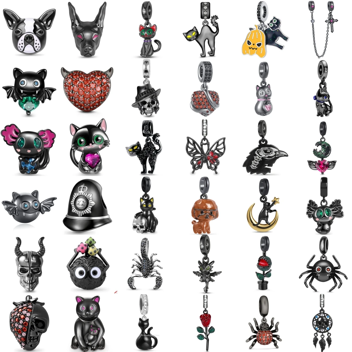 Silver Plated Mysterious Black Series Bat kitty Dog Spider Wind Chime Charm Beads Fit Original Bracelet Fine DIY Jewelry Gift