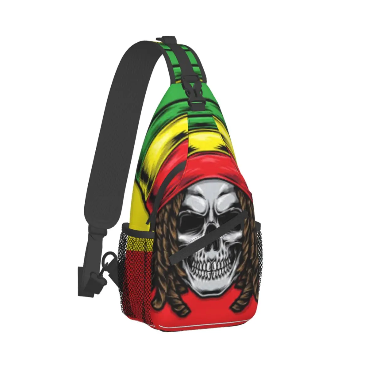 Rasta Skull Sling Bags, Chest Crossbody, Initiated Backpack, Travel, Hiking Daypacks, Reggae Dreadlocks, Jamaica Bookbag