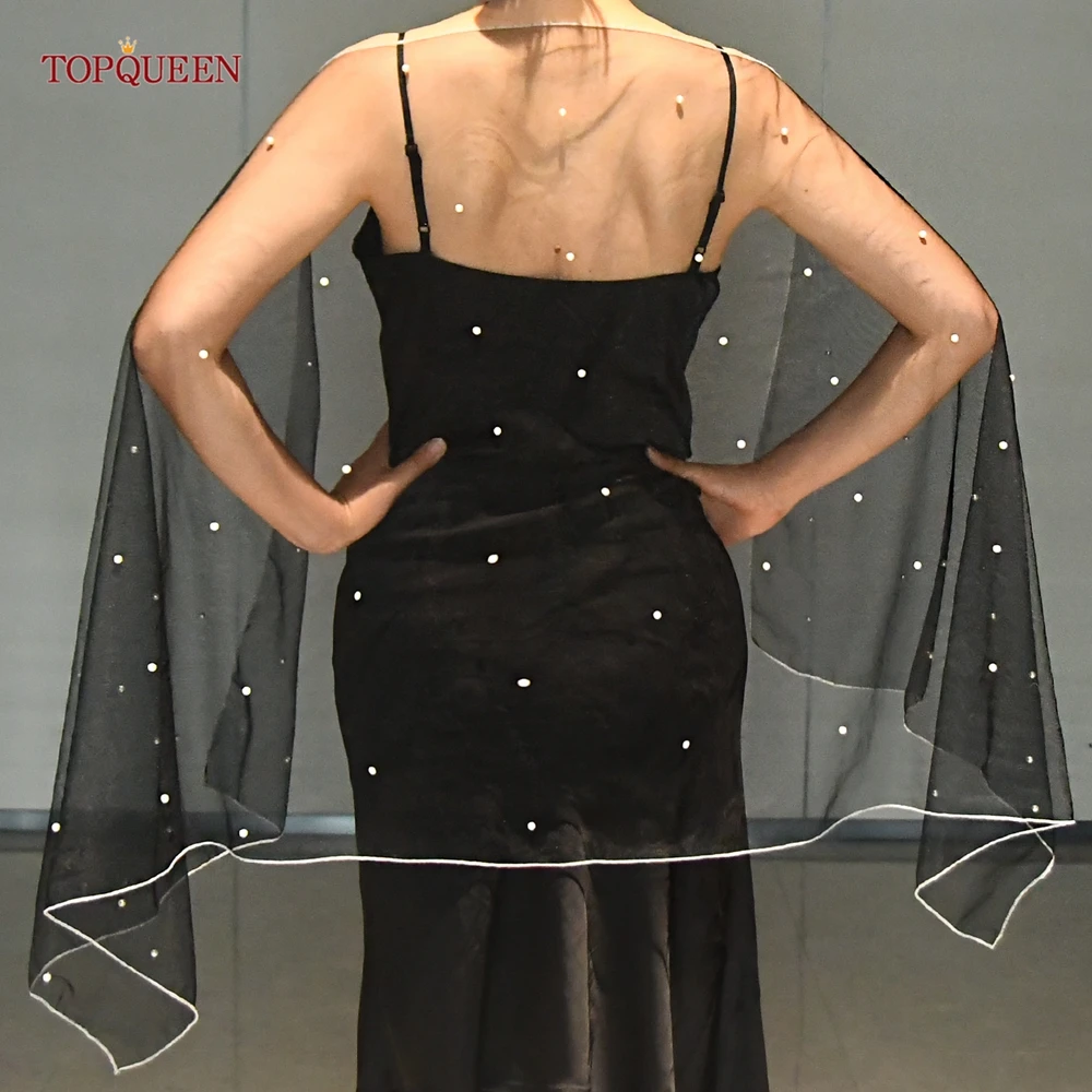 

TOPQUEEN New Black Tulle Bridal Shawl Sparkling Rhinestone Crop Top Women Evening Dress Cardigan Wedding Bolero Cape VG91