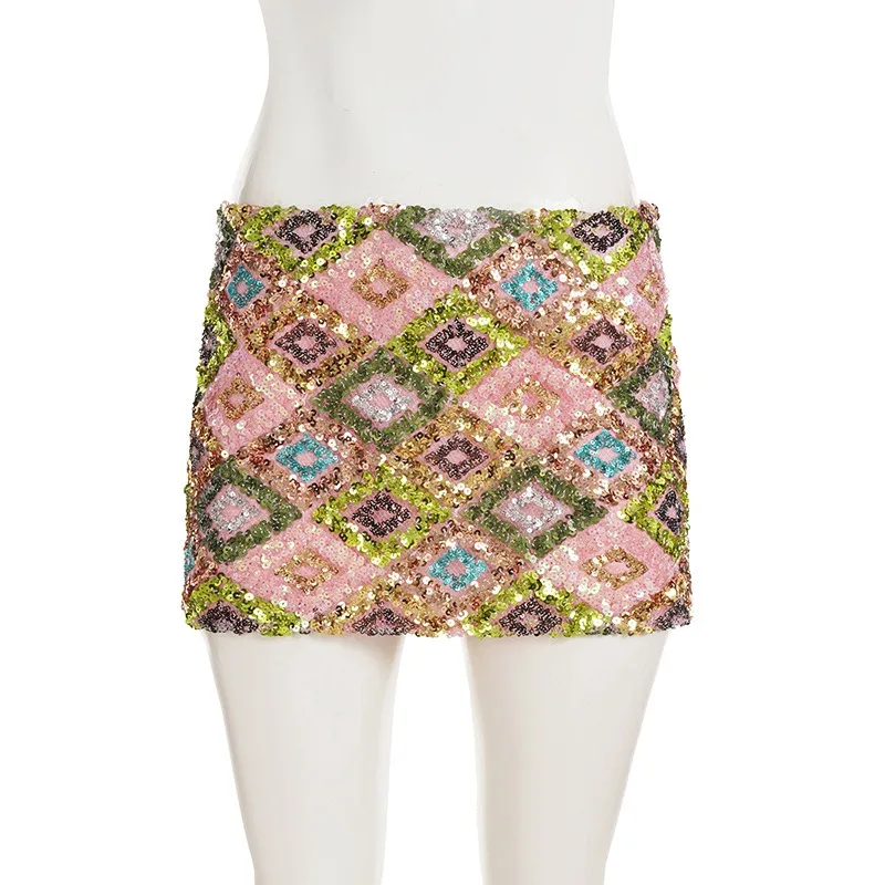 Damska Moda Kolorowa Krata Cekiny Mini Spódniczki Sexy Niska Talia Obcisła Y2K Klub Nocny Impreza Spodnie Codzienna Uliczna Spódniczka