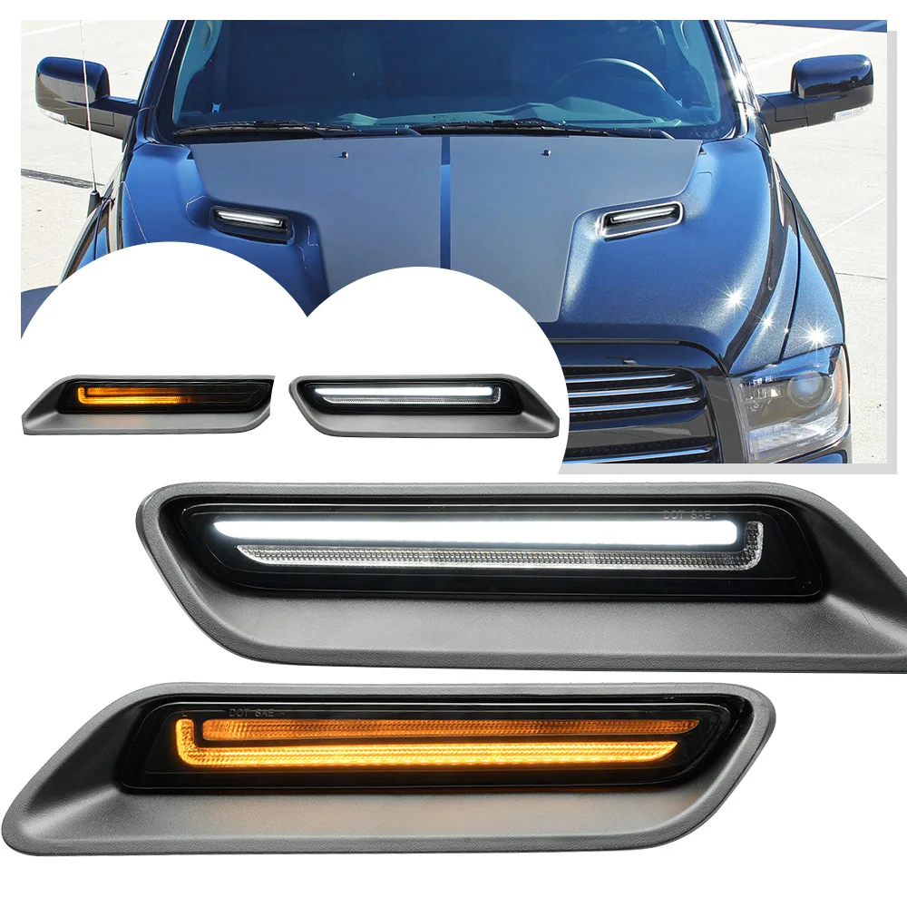 2PCS LED Sport Hood Light Decorative Grille for Dodge RAM 1500 2010-2018 2019-2022 White DRL Dynamic Amber Turn Signal Light