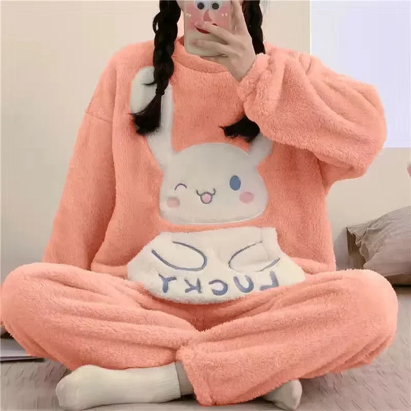 Flannel Set Pajamas Warmth Korean Style Women\'s Flannel Fleece-lined Thickened Sleepwear Cartoon Pajama Set for Autumn Winter