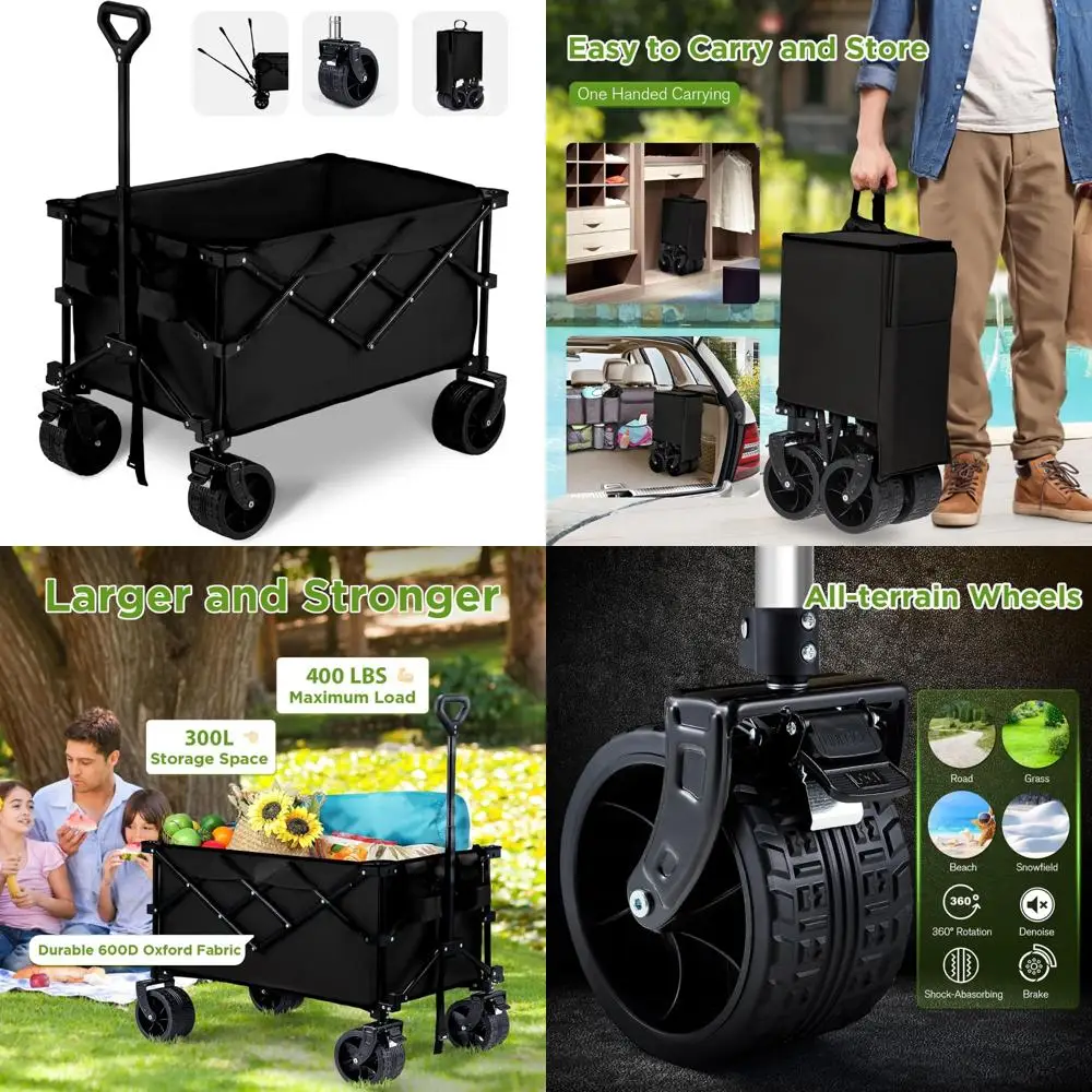 

Heavy Duty Foldable Beach Cart with Big Wheels for Sand, 400lbs Capacity Collapsible Wagon for Outdoor Adventures