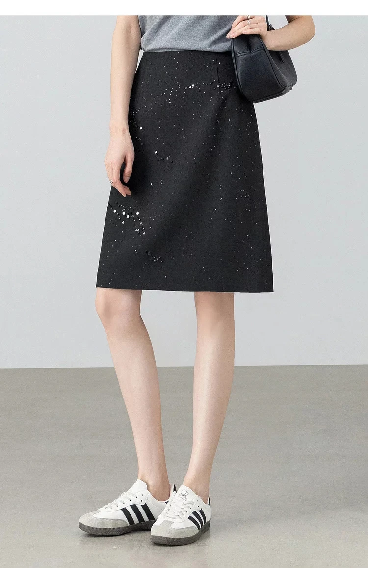 SENTUBILA Damen Schwarzer Gerader Rock 2026 Sommer Eleganter Modischer Perlenstickerei Silber Schimmernder Büro-Rock 162QF6640 – Detail 25