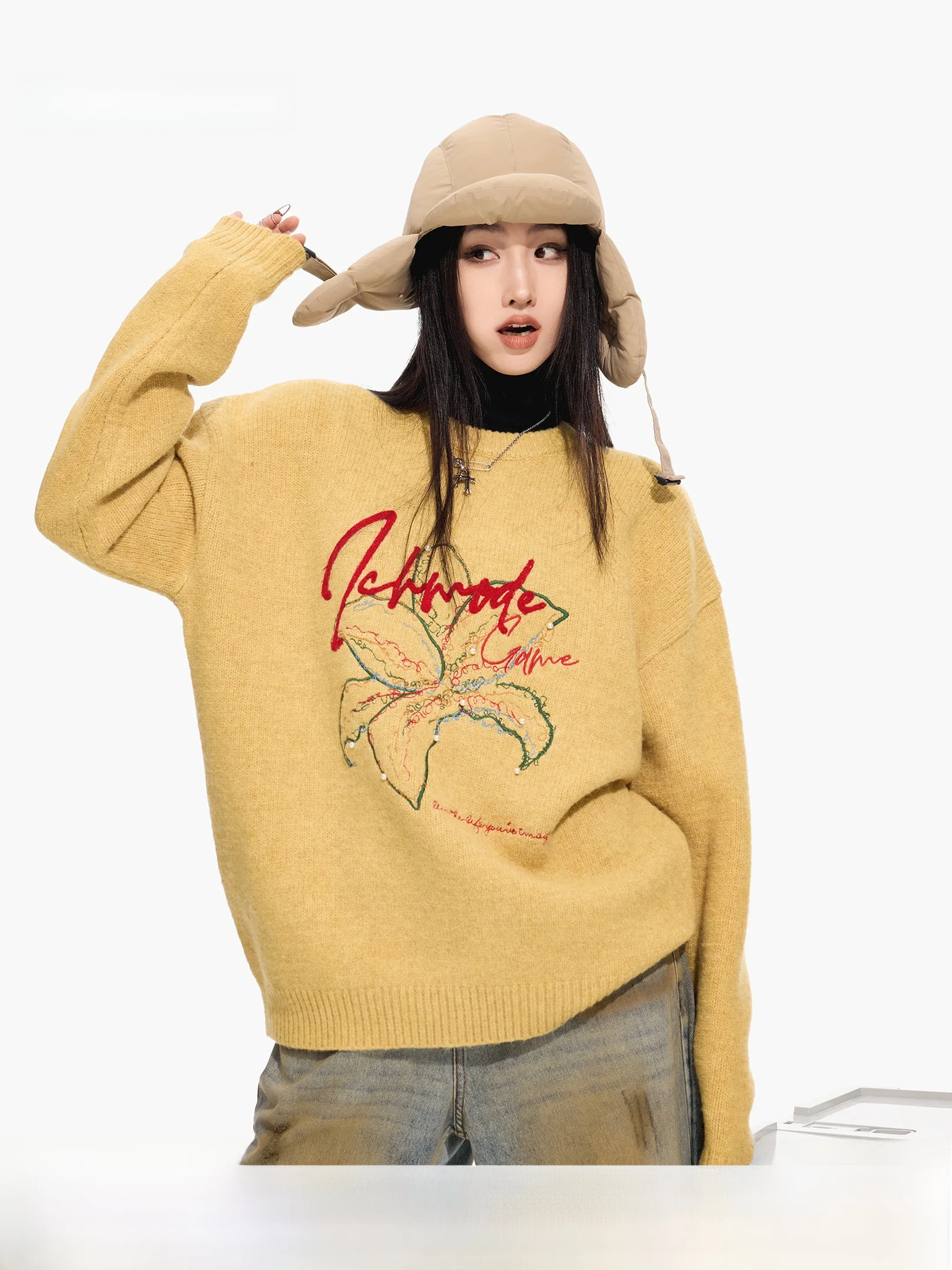 

Американский ретро трикотаж с цветочным принтом, женский круглый зимний свитер свободного покроя, удобный высококачественный свитер, новинка 2026 года