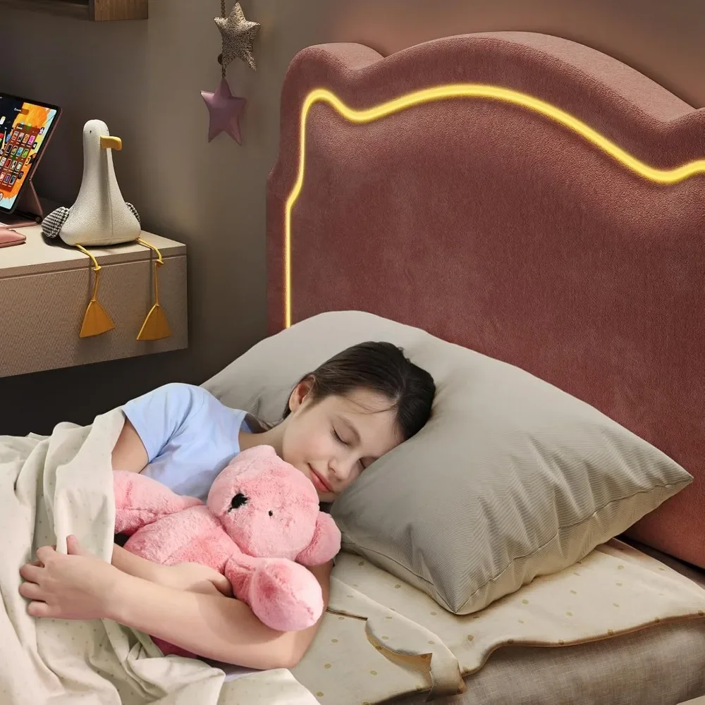 Marco de cama LED inteligente tapizado doble con cabecera de oso ajustable, marco de cama con plataforma de princesa de terciopelo para niños/niñas