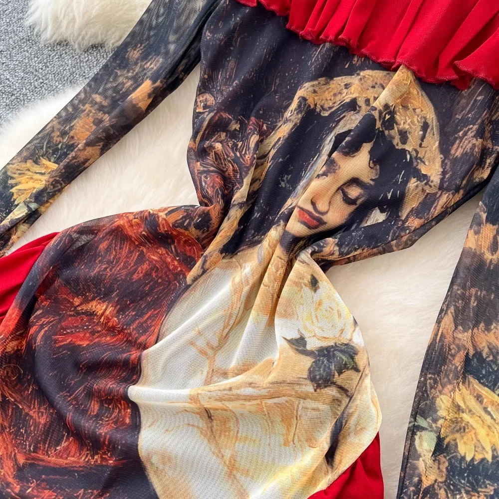 Elegant Oil Painting Print Vintage Turn-down Collar Long Sleeve Chic Ruffle  Slim Evening Dress French Women High Street Clothing - AliExpress 200000345