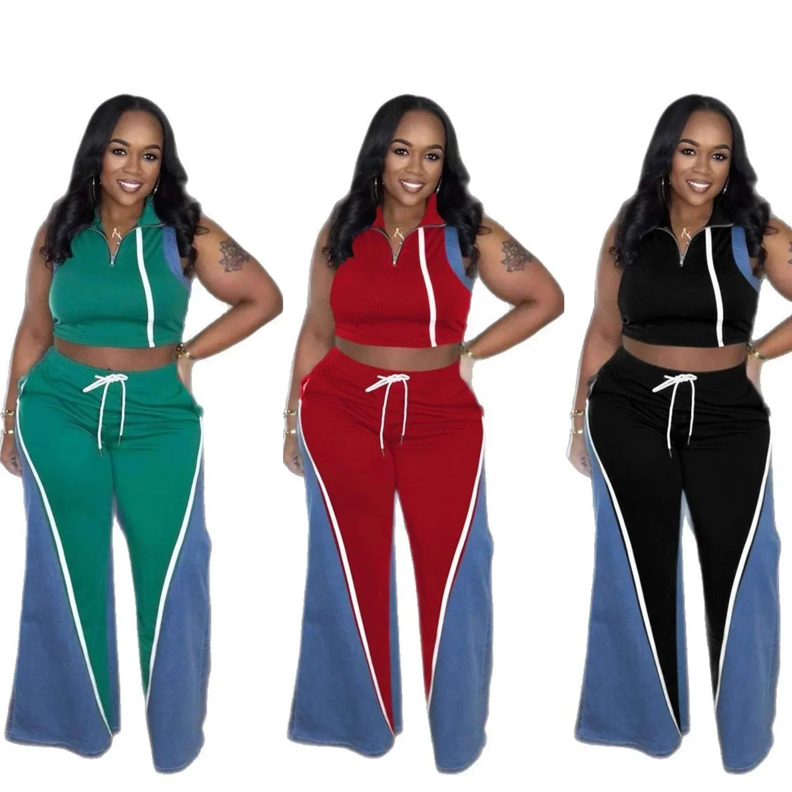 Fashion Denim Patchwork Women's Set Sleeveless T-shirt and Flare Pants 2025 Active Two 2 Piece Sets Outfits Tracksuit
