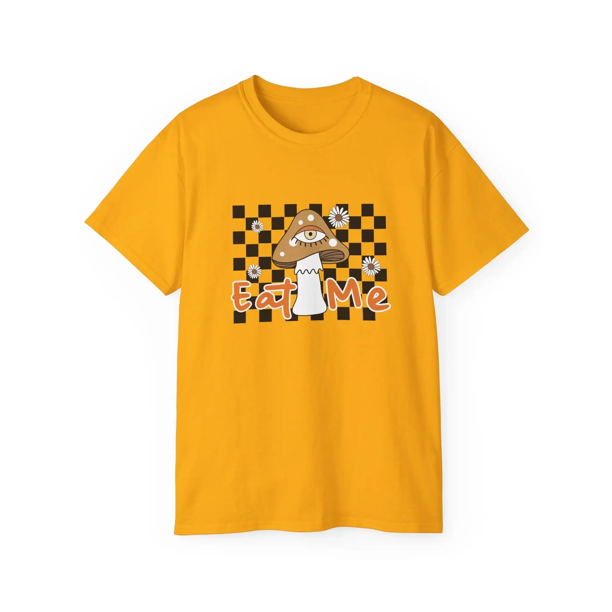 Eat Me All Seeing Eye Psychedelic Daisy Flower Mushroom Checkered Background Cotton T Shirt