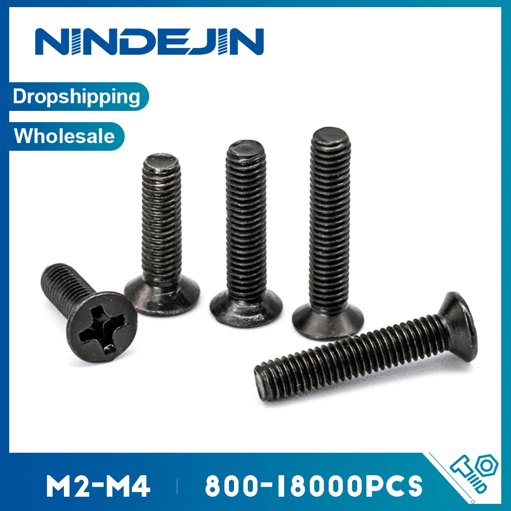 NINDEJIN 800-18000pcs Flat Head Phillips Screw Carbon Steel M2 M2.5 M3 M4 Black Oxide Coated Machine Screw For Electronic Repair