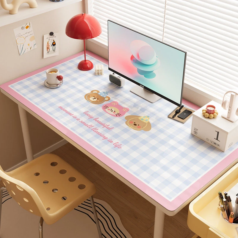 Pink Grid Girl Kawaii Pu Leather Mouse Pad Waterproof Desk Mat Gaming Keyboard Protector Dorm Table Mat Decoration Accessories