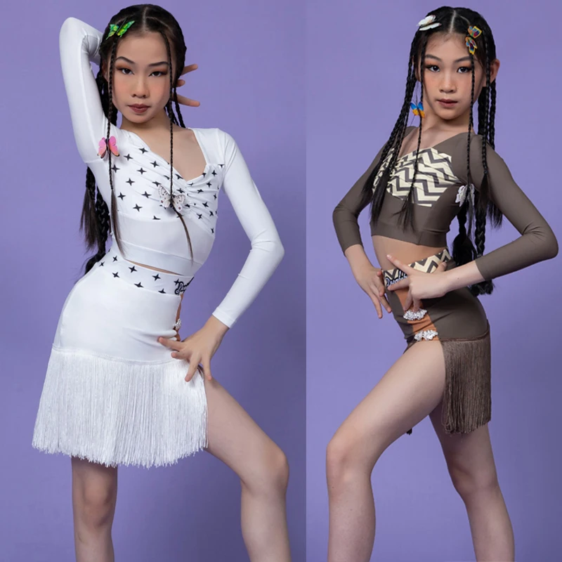 

New Children'S Latin Dance Costume Kids Professional Dancing Clothes Girls Latin Top Fringes Skirts Competition Wear DWY8881