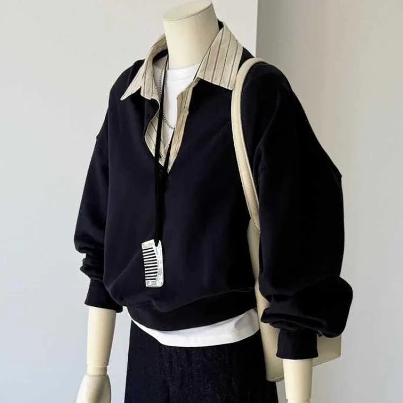 

Women's Polo Collar Hoodies, Fake Two Pieces Tops, Casual Style, 2025 Long Sleeve