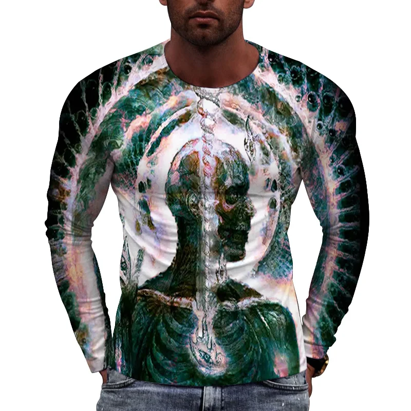 Retro Folk Pattern T-Shirt For Men Colorful Vintage 3D Printed T Shirts Autumn Casual Long Sleeves Loose Round Neck Tops Tees
