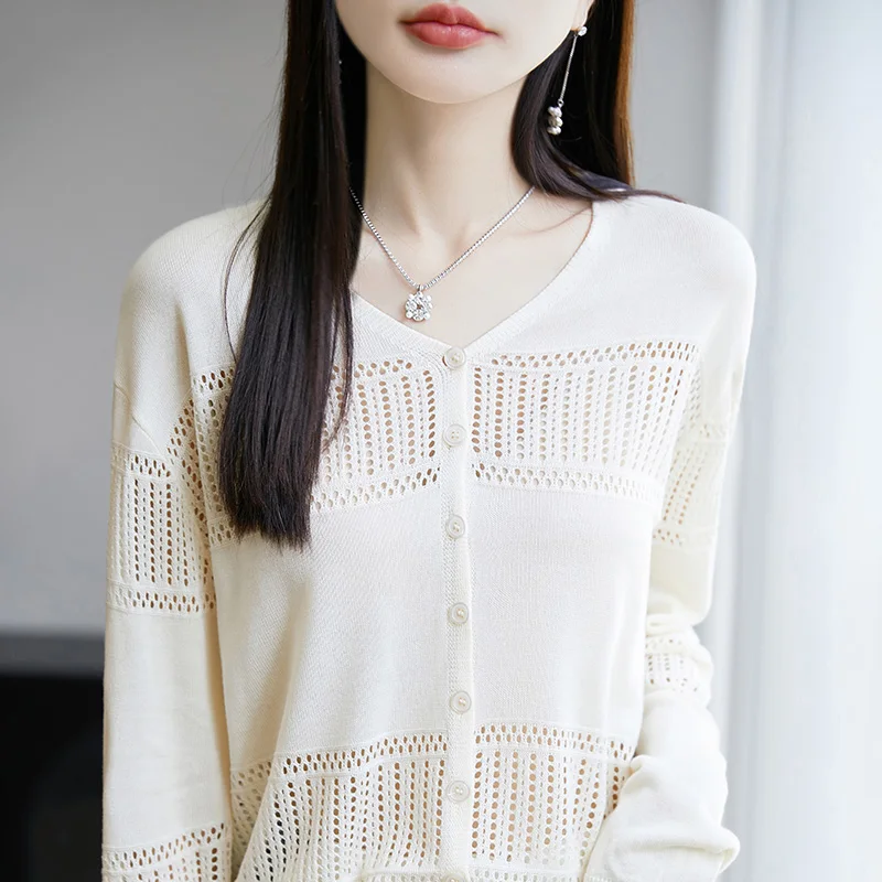 

Summer Hook Flower Hollow Loose Knit Cardigan Knitted Sweater Long Sleeved Thin Style New Sun protection Jacket Women's Top