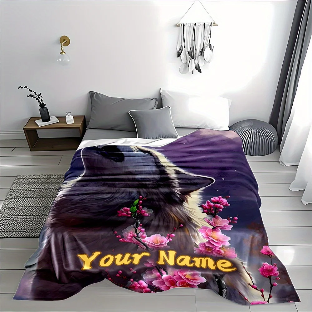 Luxurious Soft Fleece Throw Blanket Wolf Floral Art Print Cozy Nature Woodland Lap Throw Decor Gift for Her