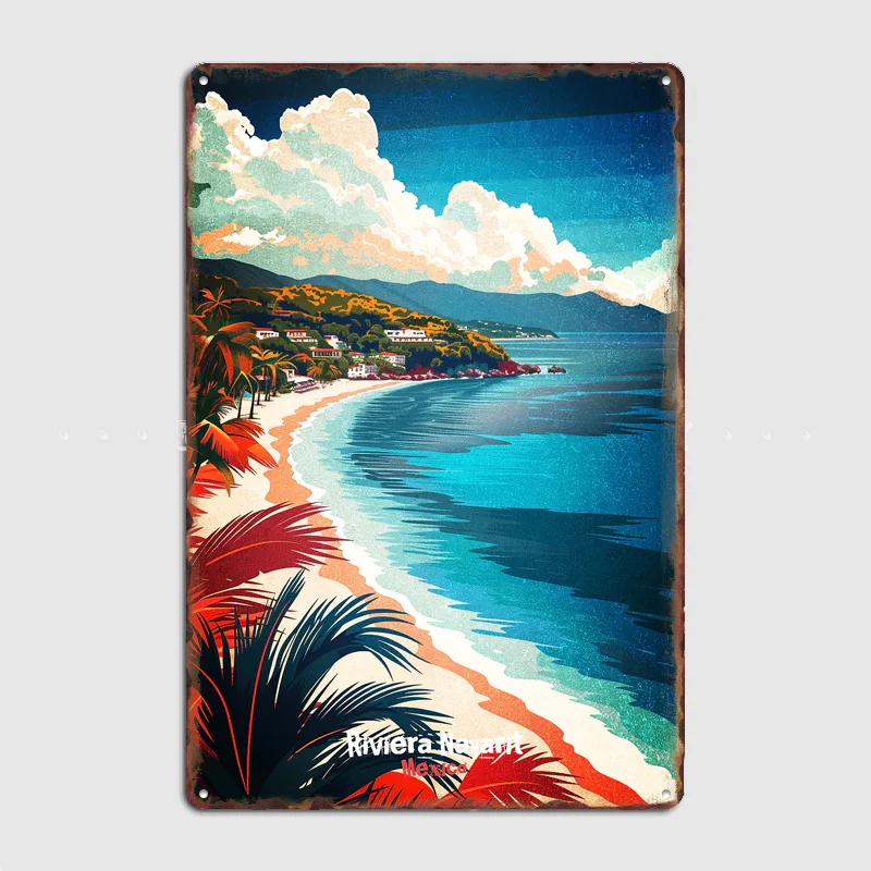 Póster Retro de la Riviera Nayarit con Vista de Playa, Decoración Metálica para Garaje, Club, Habitación, Decoración Personalizada para el Hogar