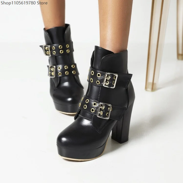 Women Plus Size White Roman Ankle Boots British Buckle Chunky High Heel Shoes Ideal For Holiday Cosplay Carnival Role Play Wear