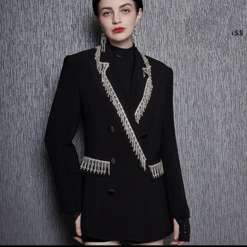 Luxury Women Diamonds Beaded Fringed Suits Jacket OL Rhinestones Tassels Blazers Coat Turn Down Collar Crystal Cardigan Topss