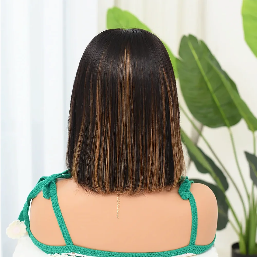 Peruca de cabelo humano frente reta curta do laço para mulheres, cor ombre, pré-arrancadas, cabelo do bebê, brasileiro, Bob, 1B/30