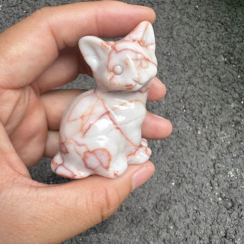 Custom Natural Red Network Stone Cat Figurine - 6cm Handcrafted Gemstone Sitting Kitty Statue Collectible Home Decor