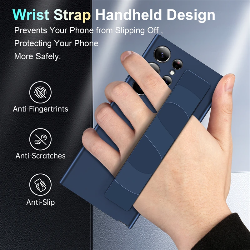 Luksusowe, przyjazne dla skóry, twarde etui z elastycznym paskiem na nadgarstek do Samsung Galaxy S25 S24 S23 Ultra Plus Shockproof Cover