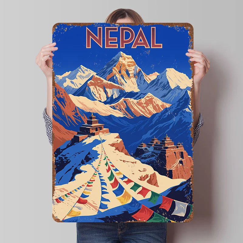 Nepal Mountain Landscape With Prayer Printed Poster Customized Retro Wall Art Vintage Metal Tin Signs for Bathroom Decor House