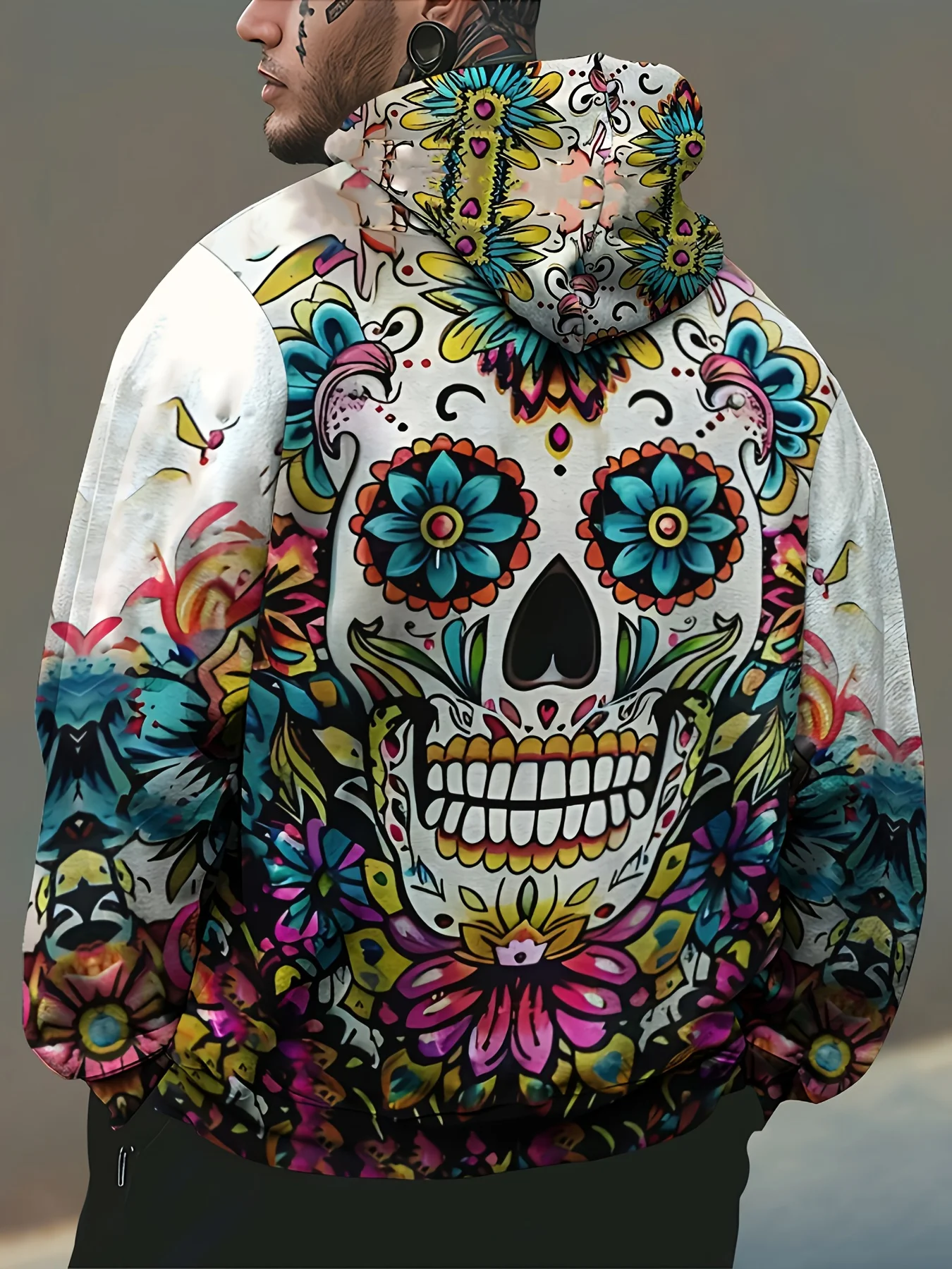 سترة بغطاء للرأس بأكمام طويلة مطبوعة على شكل جمجمة للرجال من Day of the Dead المكسيكي، بلوزة رياضية كاجوال مع جيب للربيع والخريف