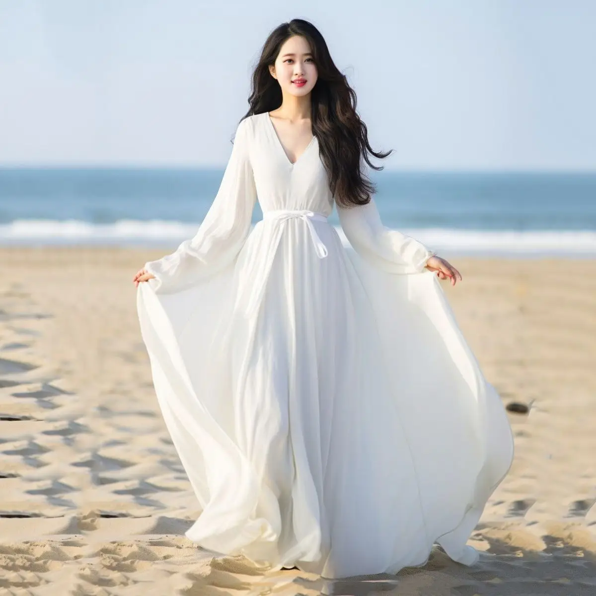 Vestido largo bohemio de gasa para playa para mujer, vestido informal holgado con cuello en V y cinturón de manga larga, Túnica para fiesta de noche y baile