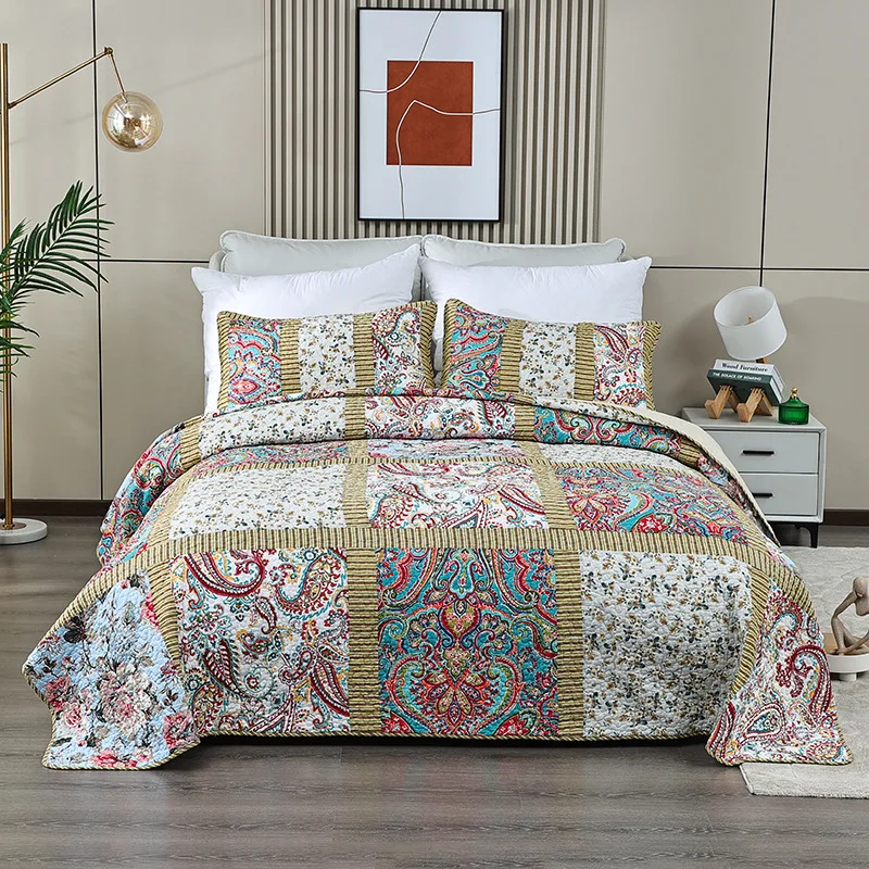 Handmade Patchwork Printed Bedspread 3 Piece Quilt Set 100% Cotton All Season Lightweight Summer Thin Comforter Machine Washable