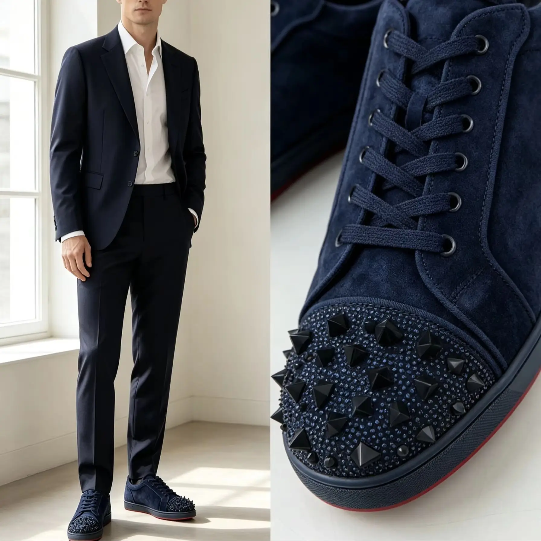 Men's Low Top Blue Suede Leather Rhinestone Messy Rivets Toe Lace Up Loafers Red Bottom Casual Skate Walking Footwear Boat Shoes