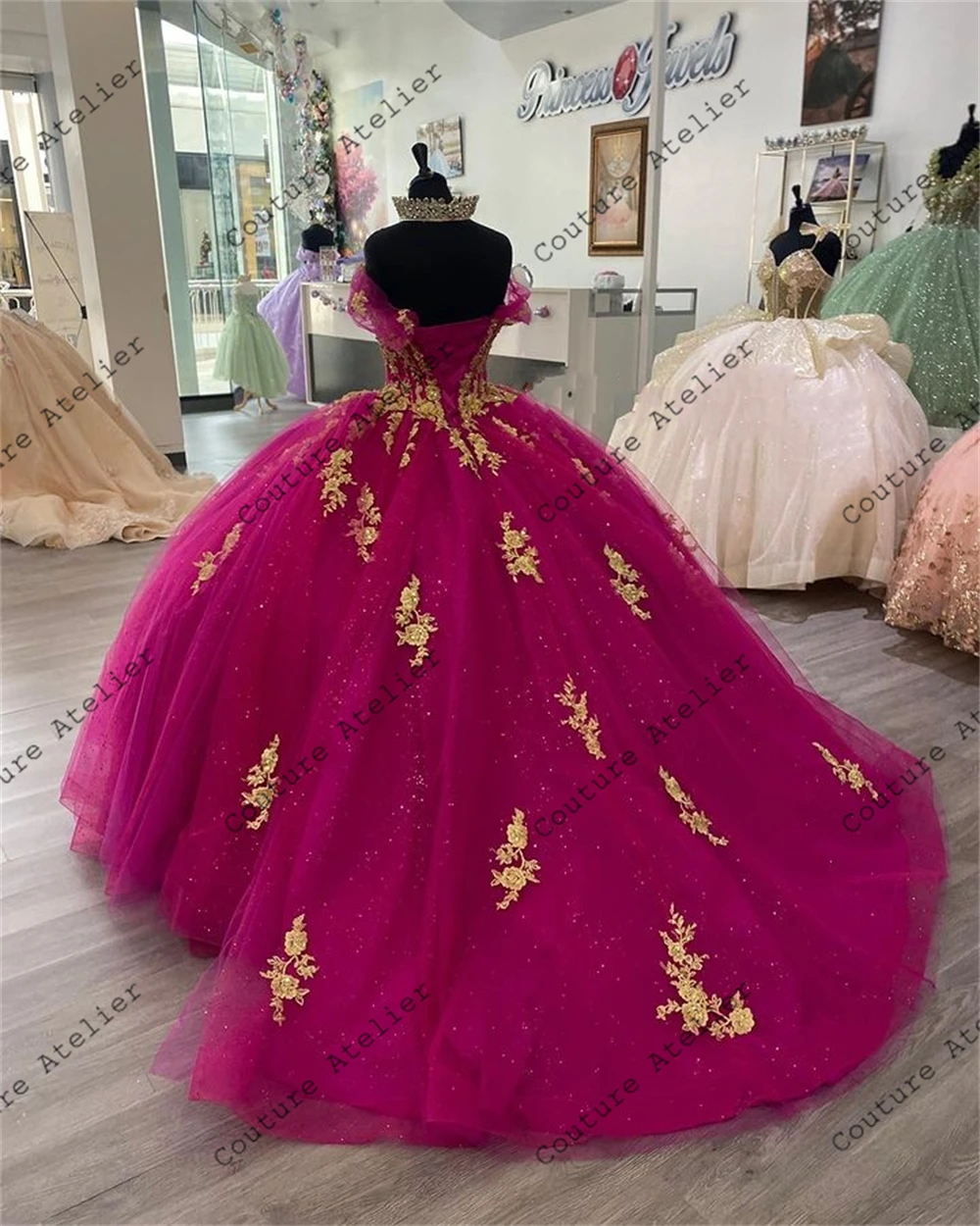 Gold Beaded Lace Appliques Dark Pink Quinceanera Dresses Ball Gown Sweet 15 Dress Off The Shoulder Wedding Gowns vestidos