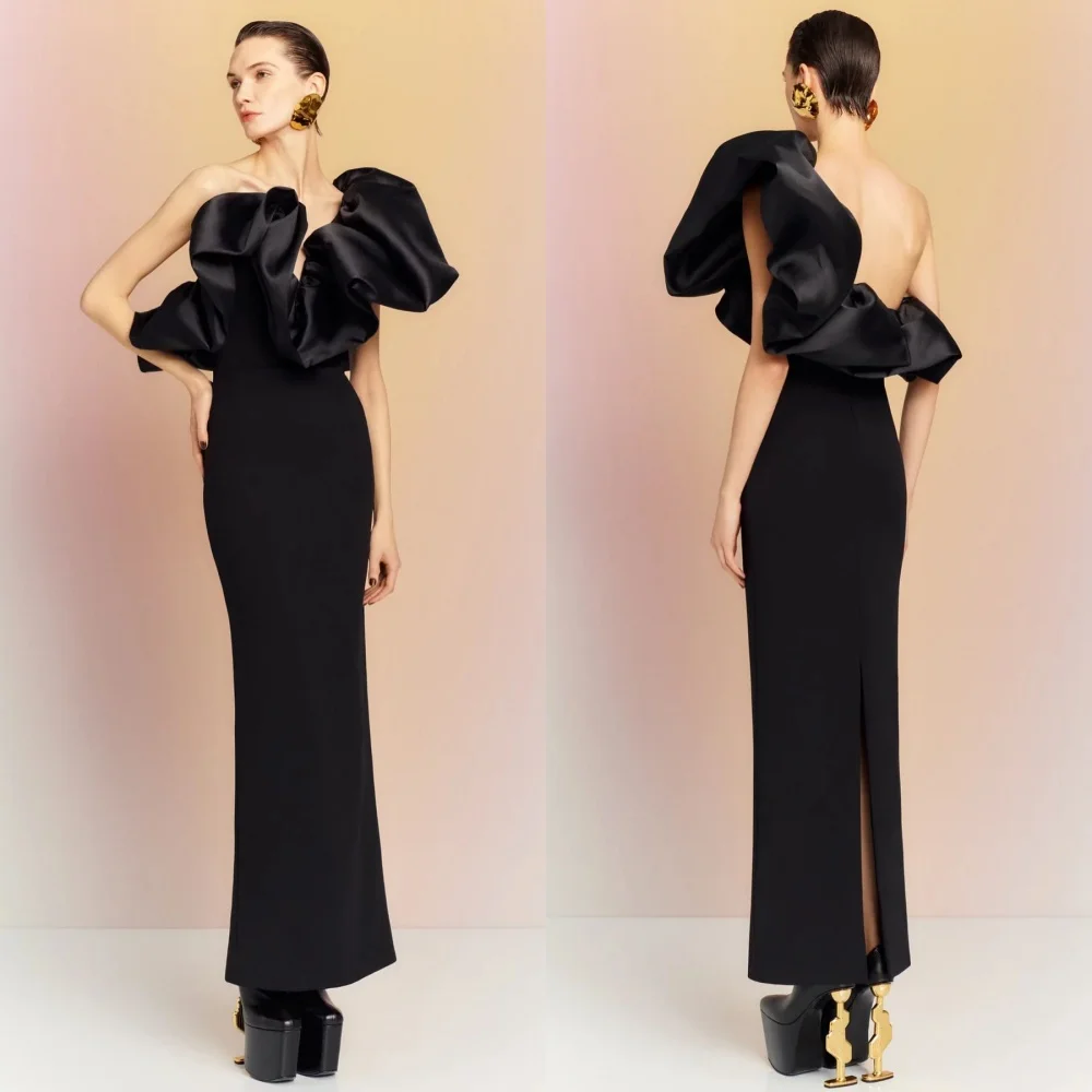 

Retro Jersey Pleat Straight One-shoulder Midi Dresses Homecoming Dresses High Quality Sizes Available Exquisite Formal