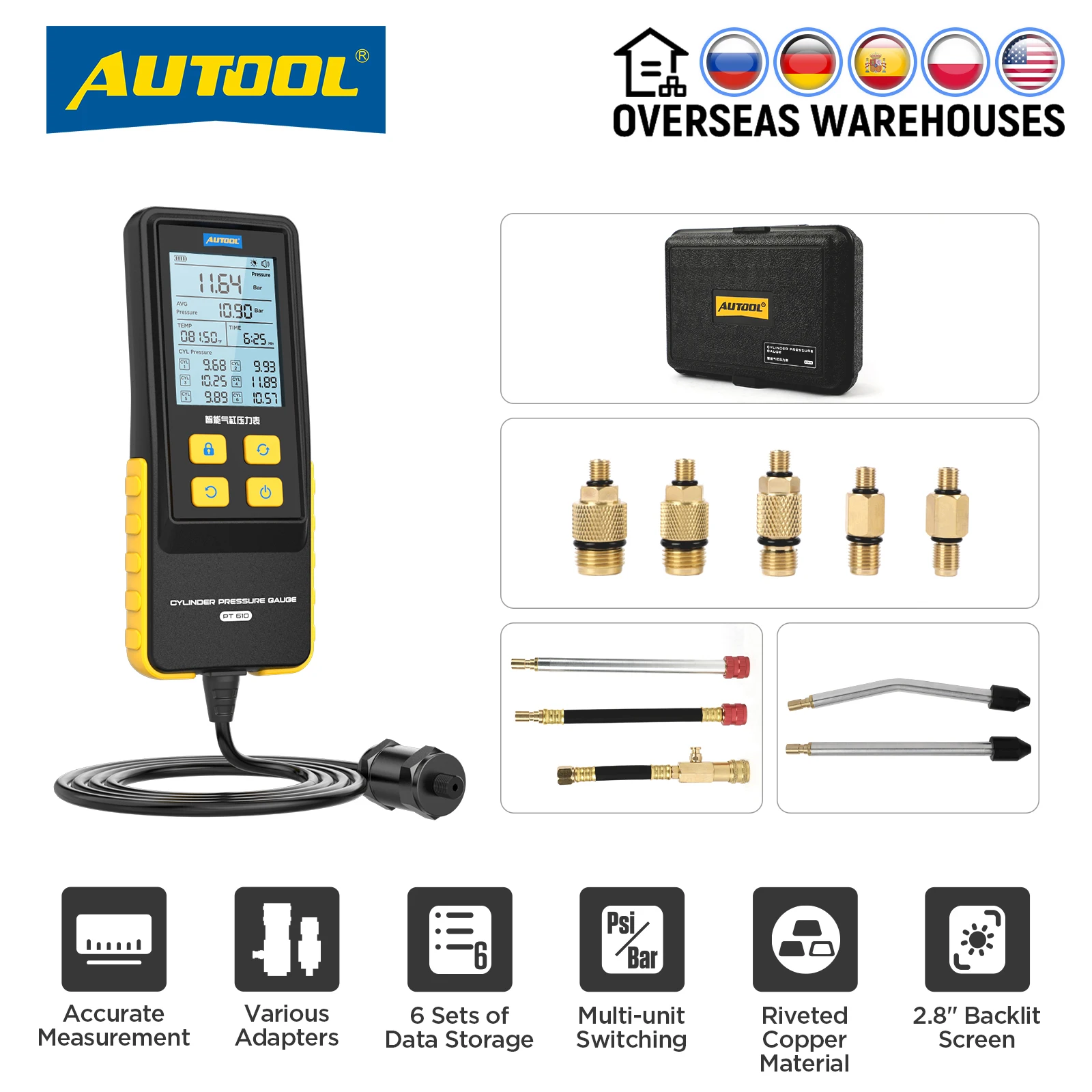 Cylinder Pressure Gauge Digital Display Autool Pt610 0-426 PSI 29 Bar °c