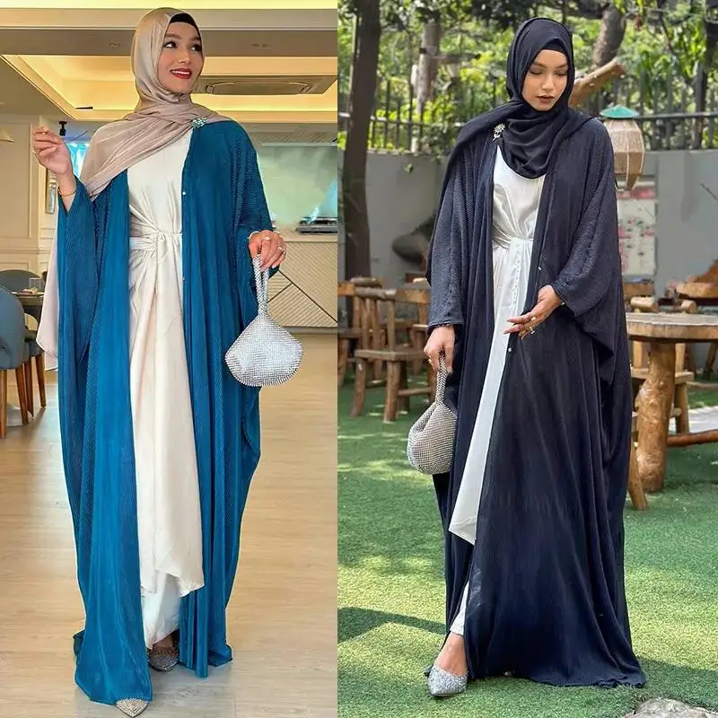 

Mq075 Women's New Pleated Chiffon Malaysian Türkiye Robe Abaya Outwear Long Dress Robe Abaya Ramadan Dubai Luxury Islam Elegant