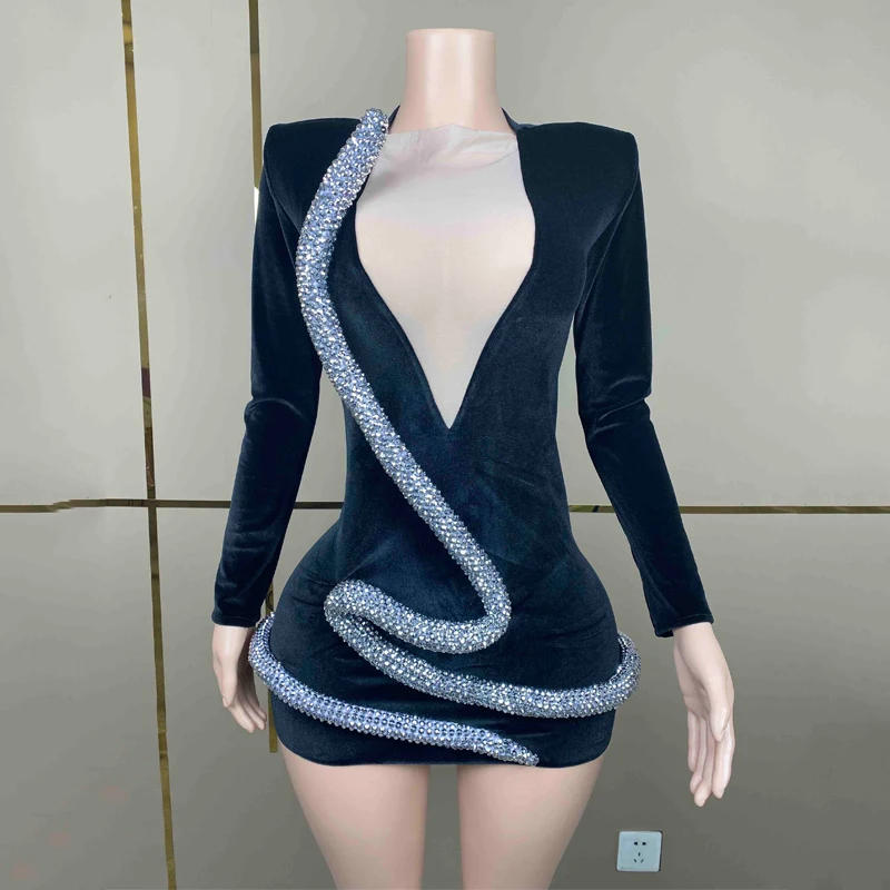 Vrouwen Vieren Avondjurken Zwart Fluweel 3d Diamond Snake Dress Party Ds Podium Festival Outfit Gogo Dance Kostuums Xs7439