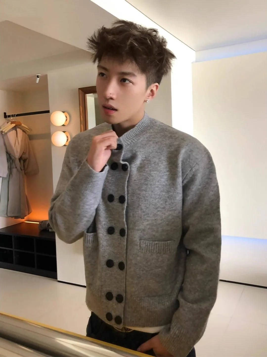 

Light ey Double-Breasted Open Cardigan Knitted Sweater Men's Sle Lazy Faion Old Money Sle CleanFit Top for Autumn